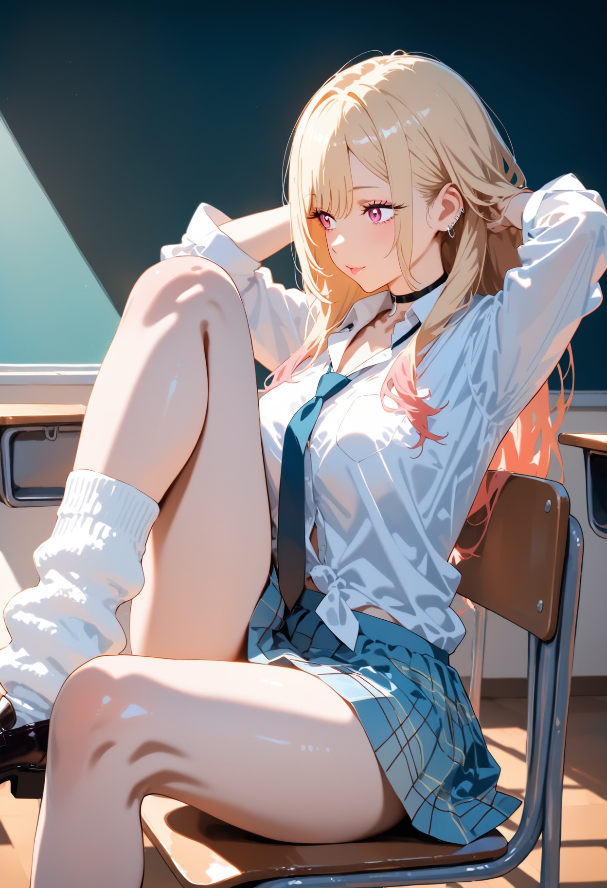 Blonde Anime Girl in School Uniform Relaxing in Classroom