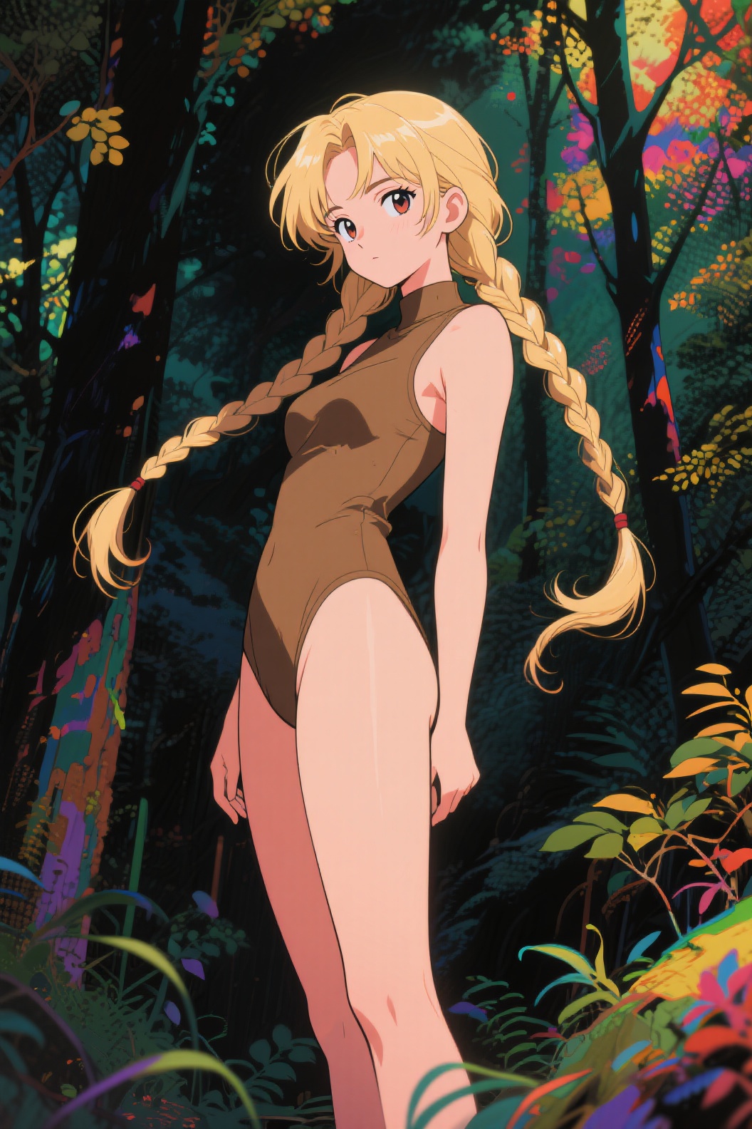 Blonde Anime Girl with Braids in Forest