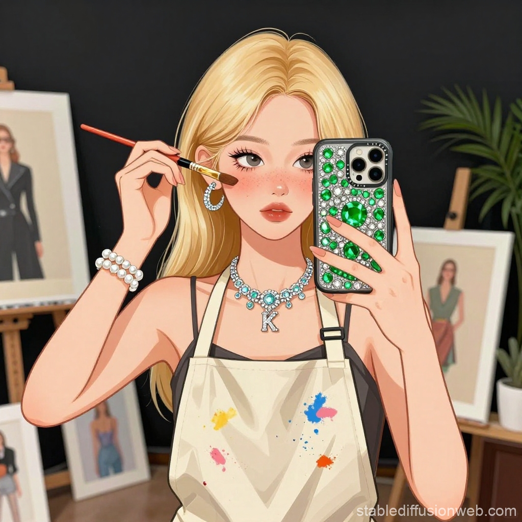 Blonde Artist Taking a Selfie in Studio
