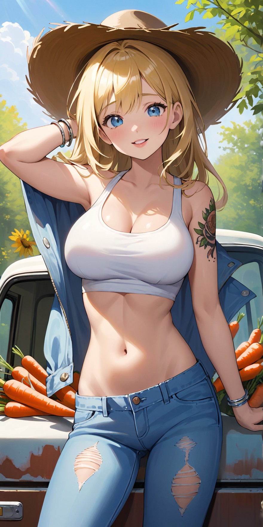 Blonde Girl in Sun Hat with Carrots and Denim Outfit