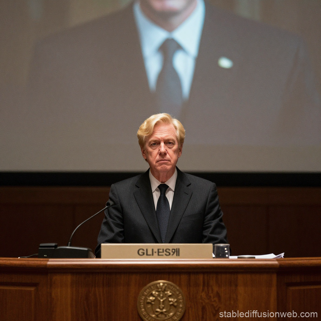 Blonde Man in Formal Suit Speaking at Podium