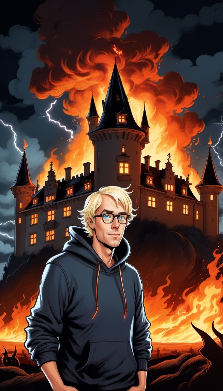 Blonde Man in Hoodie Before a Burning Castle