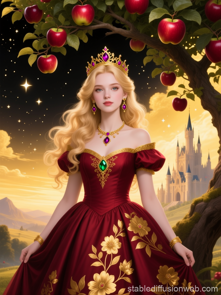 Blonde Princess Under Apple Tree with Castle Background