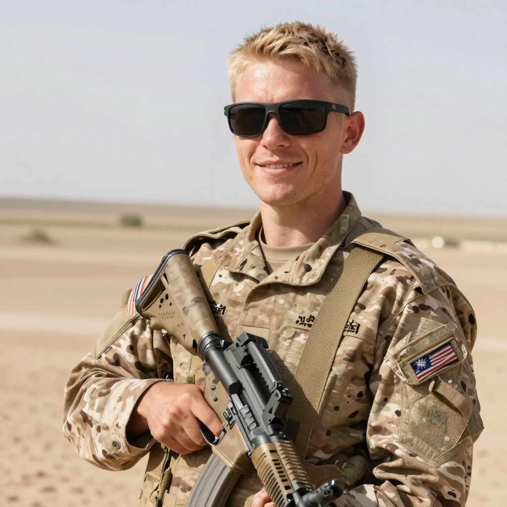 Blonde Soldier in Desert Camouflage Holding Rifle