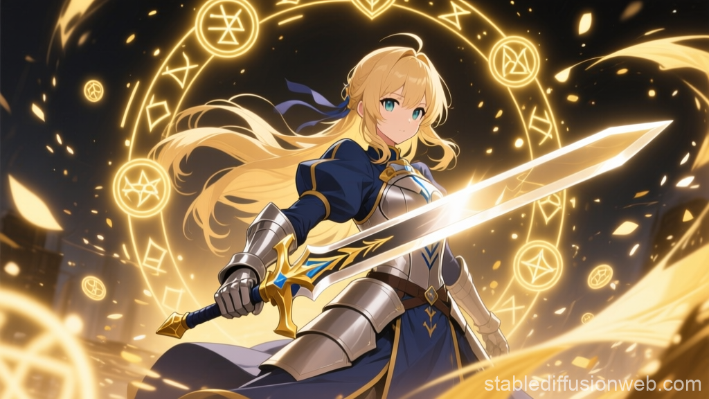 Blonde Warrior with Glowing Golden Sword and Magic Circle