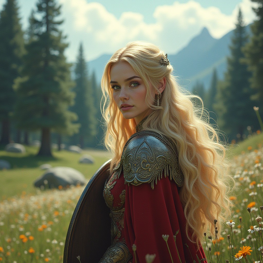 Blonde Warrior Woman in Ornate Armor in a Mountain Meadow