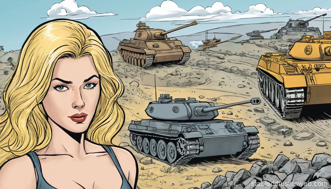 Blonde Woman and Tanks in Desert Battle Scene