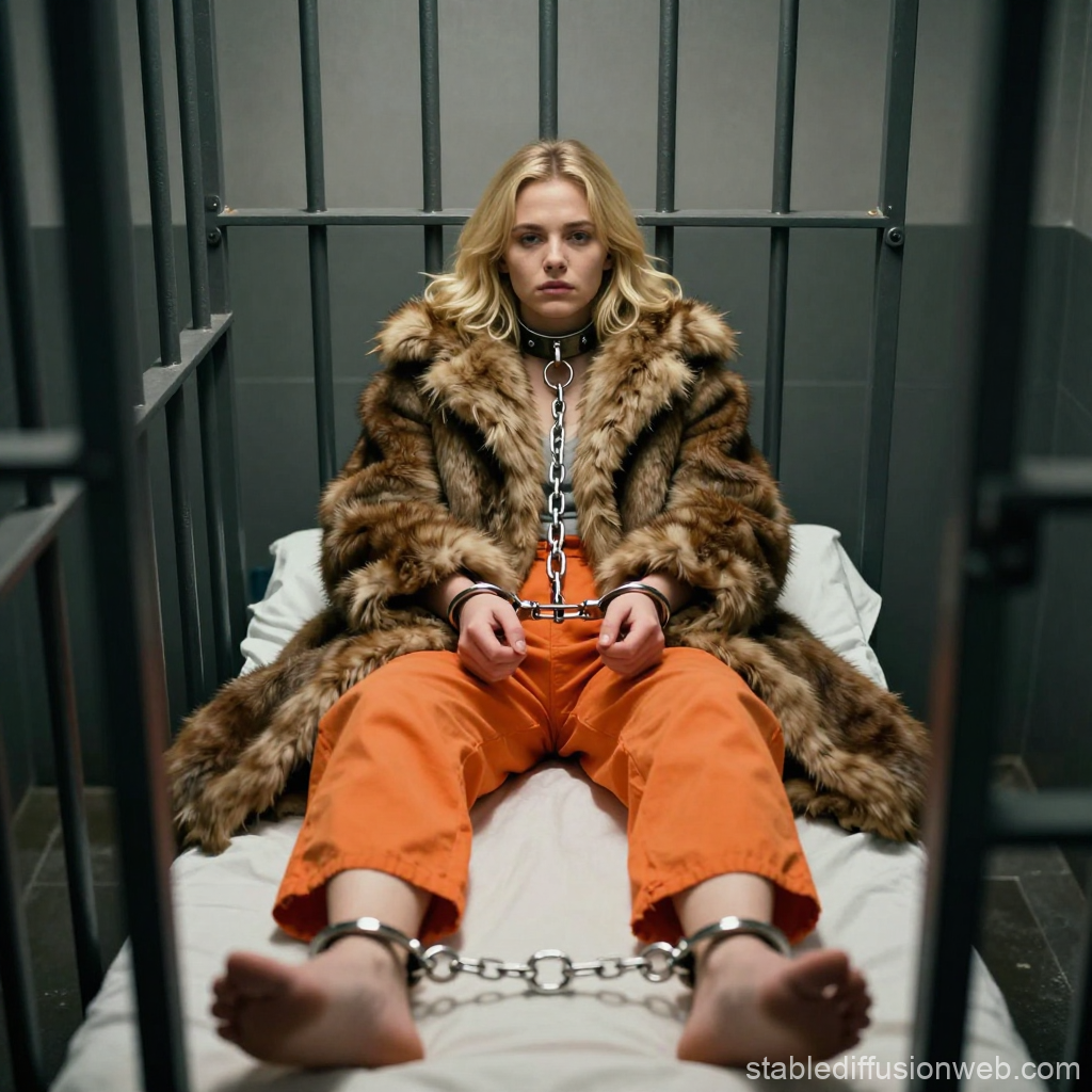 Blonde Woman in Fur Coat and Orange Prison Uniform in Jail Cell