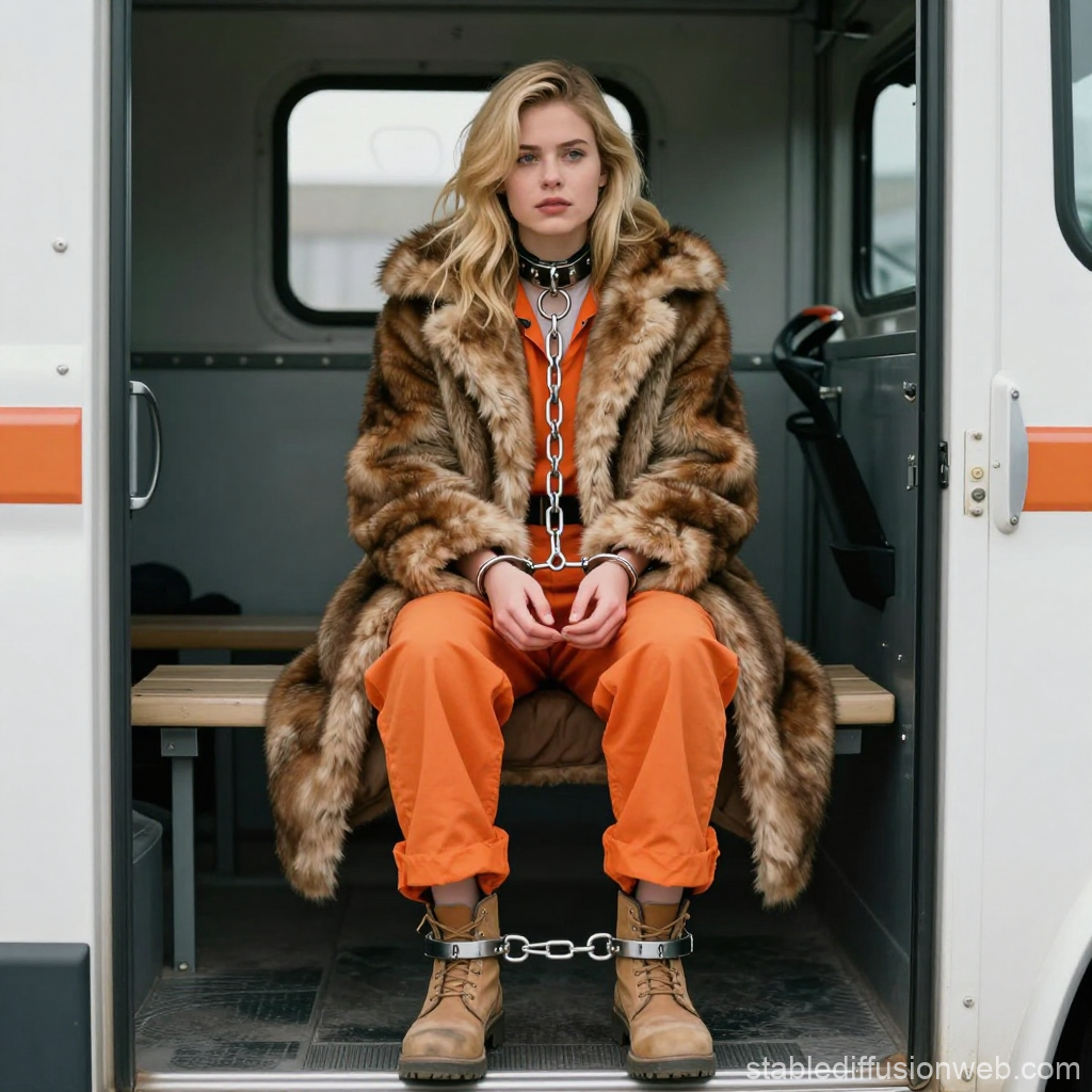 Blonde Woman in Prisoner Outfit and Fur Coat in Transport Vehicle