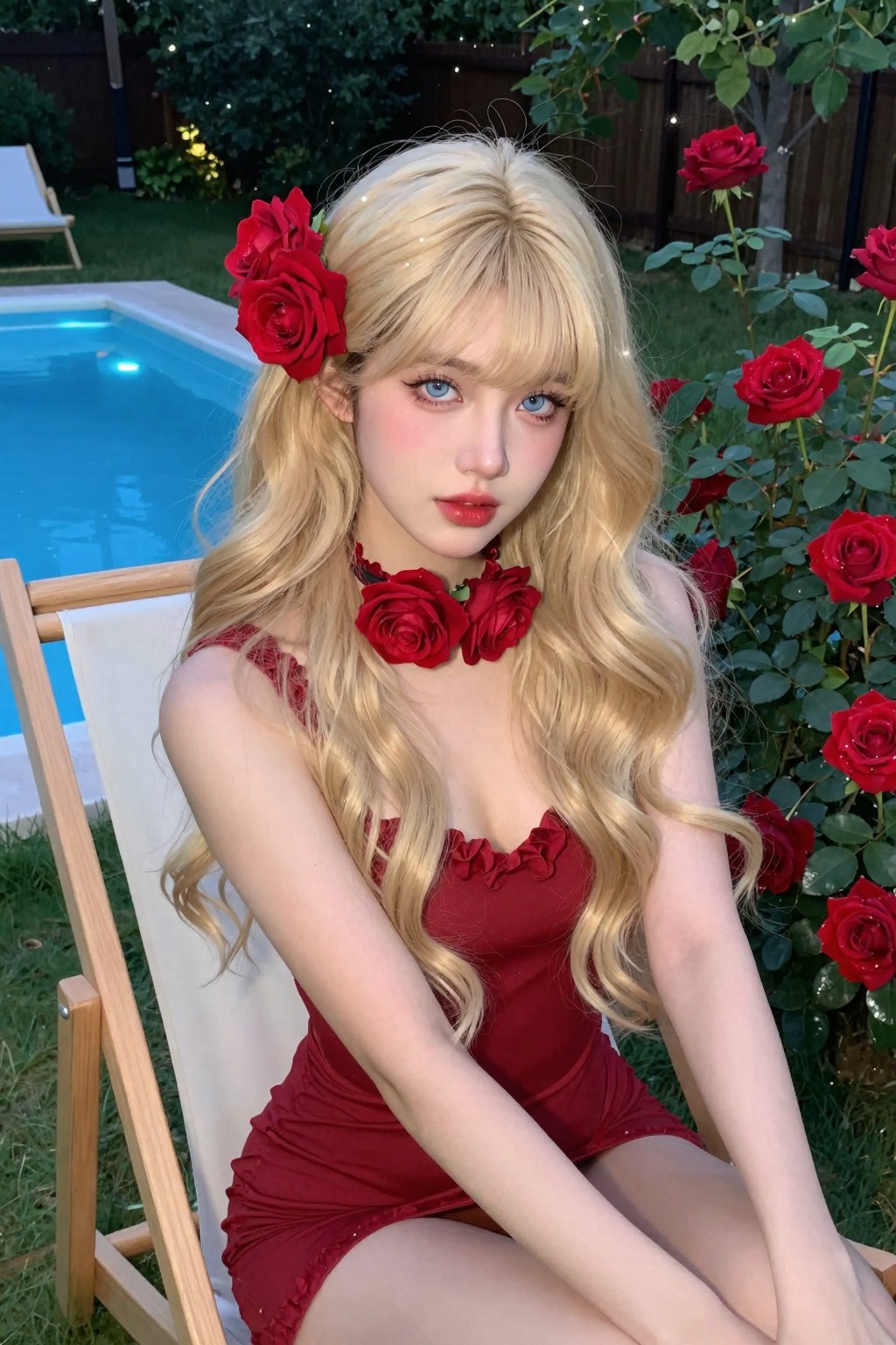 Blonde Woman in Red Dress with Roses by Pool