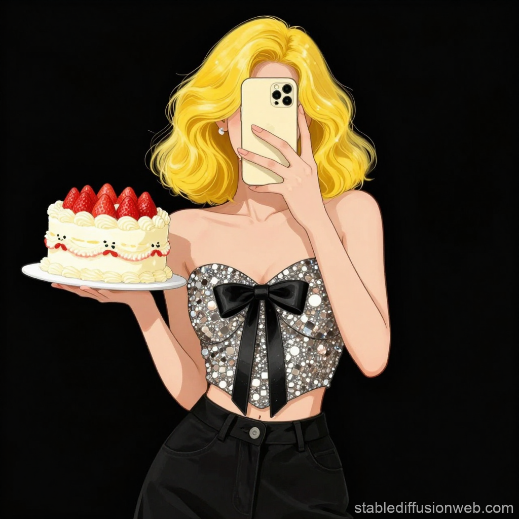 Blonde Woman Taking Selfie Holding Strawberry Cake