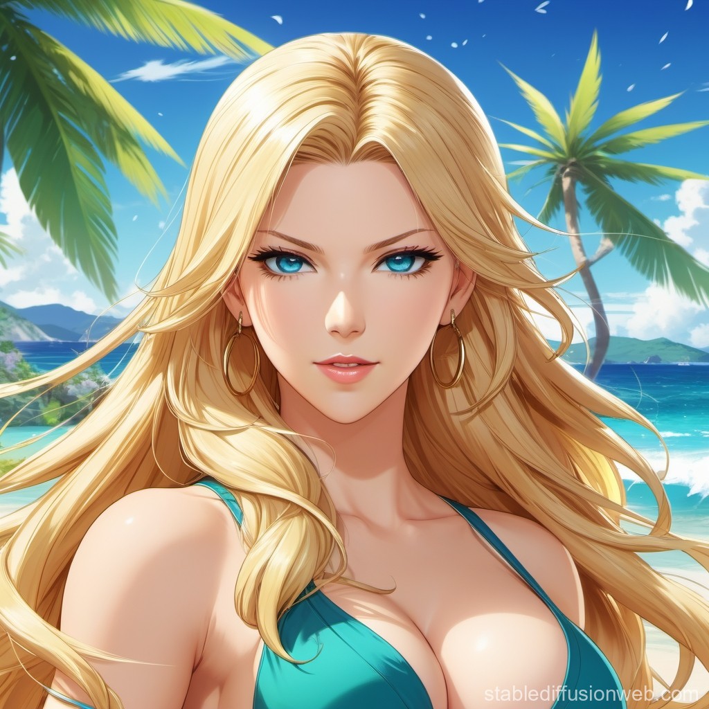 Blonde Woman with Blue Eyes on Tropical Beach