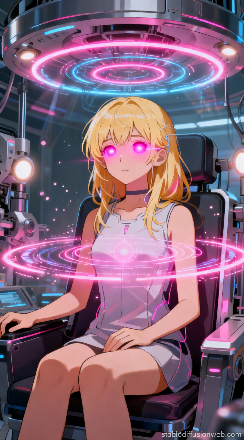Blonde Woman with Glowing Eyes in Futuristic Sci-Fi Setup