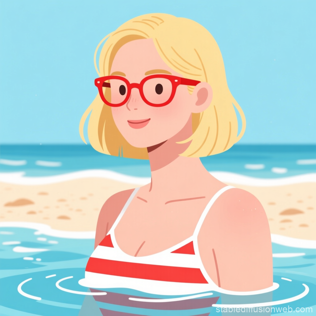 Blonde Woman with Red Glasses at the Beach