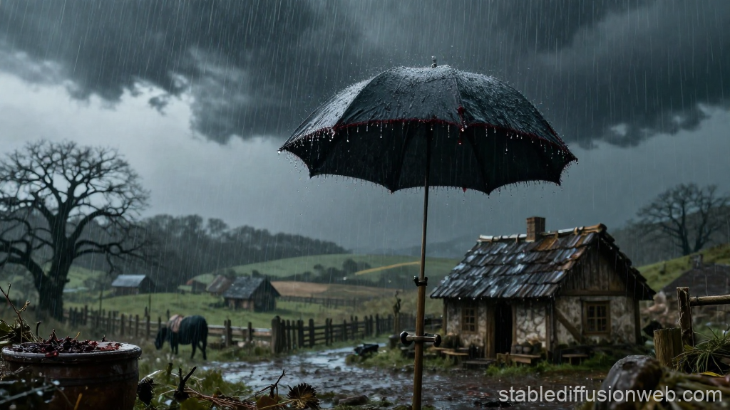 Blood-Dripping Umbrella in a Medieval Rainstorm