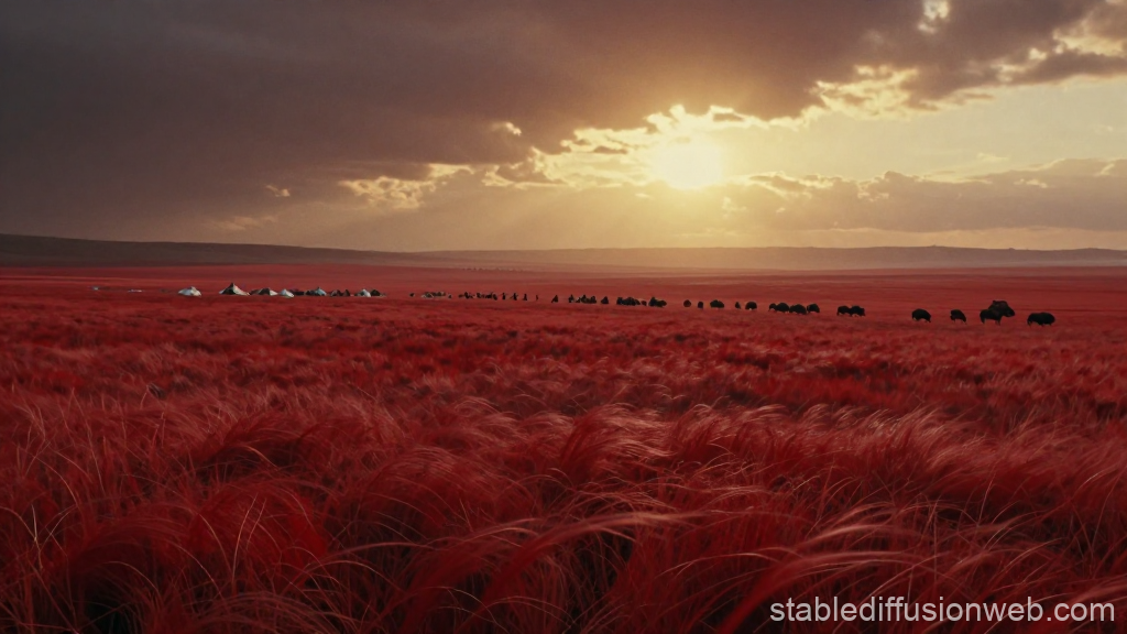 Blood Red Steppe at Dusk with Grazing Bison