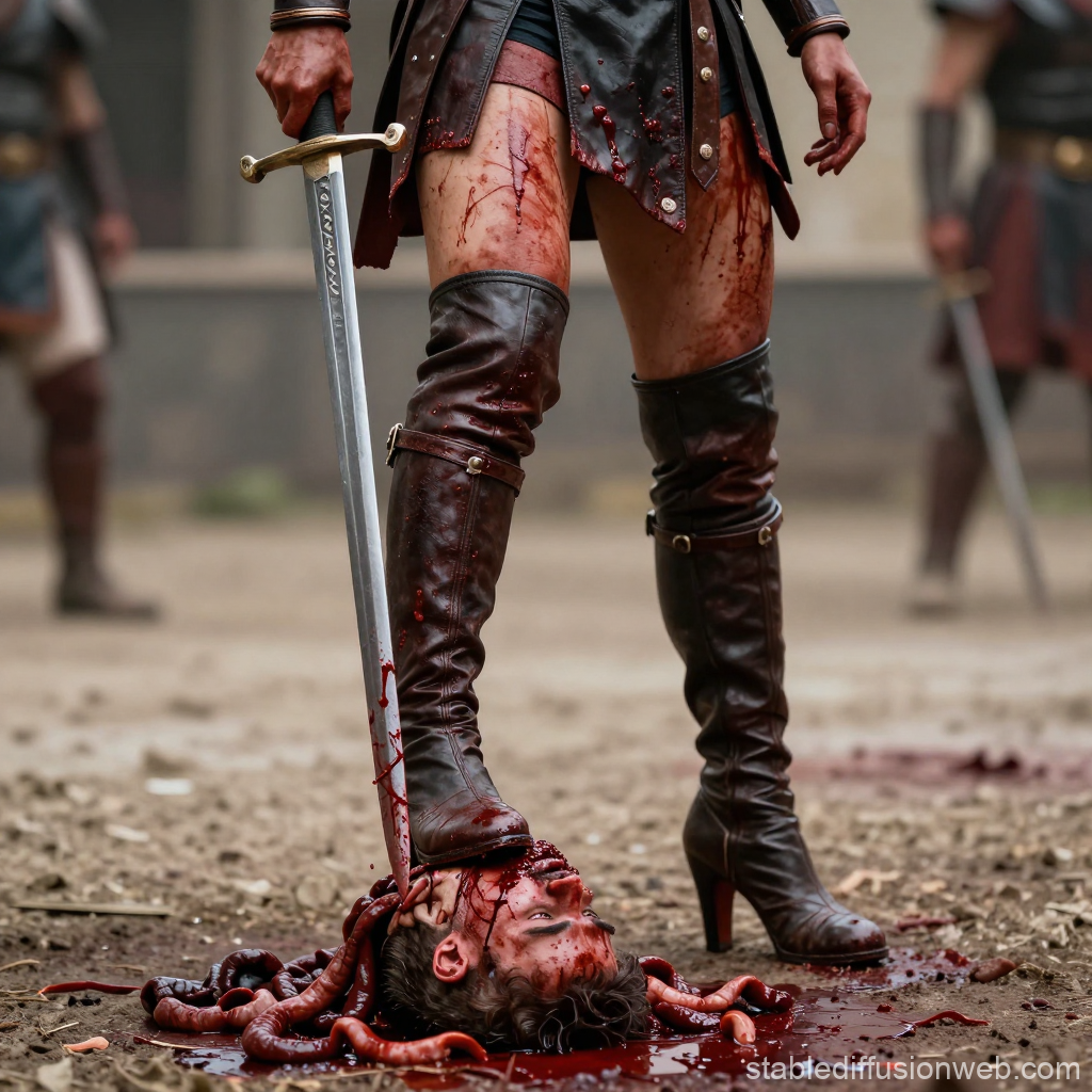 Bloodied Gladiator Standing Over Defeated Foe in Arena