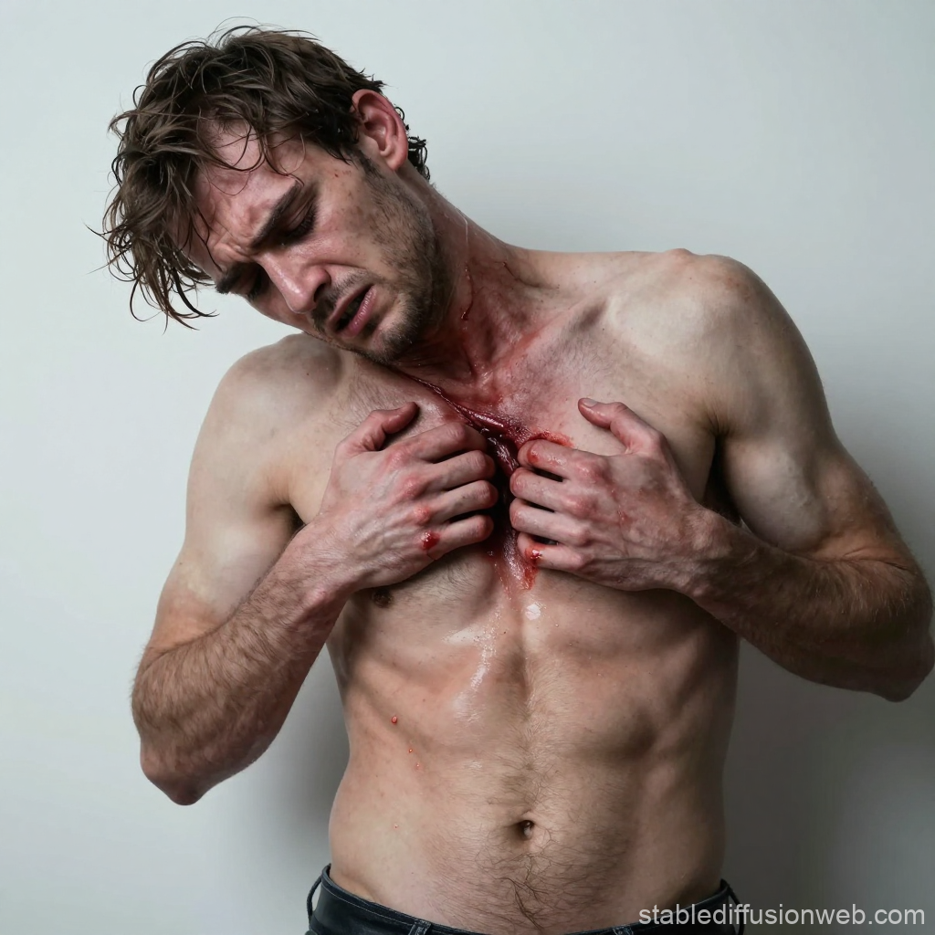 Bloodied Man Clutching His Chest in Pain