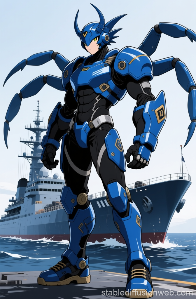 Blue Armored Crustacean-Inspired Warrior by the Ship
