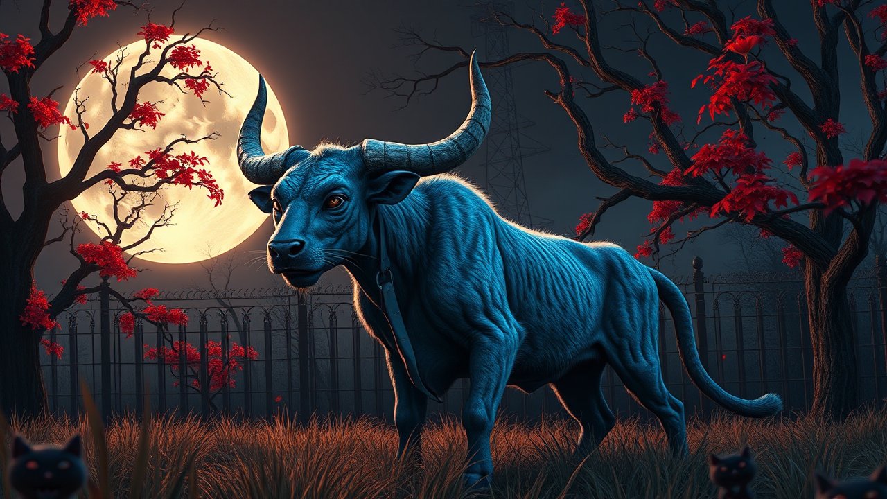 Blue Bovine Creature Under Full Moon with Red Foliage
