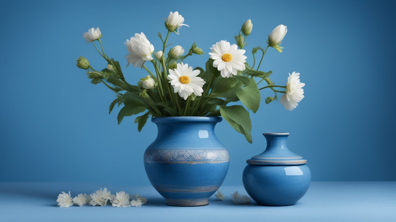 Blue Ceramic Vase with White Daisies on Blue Background