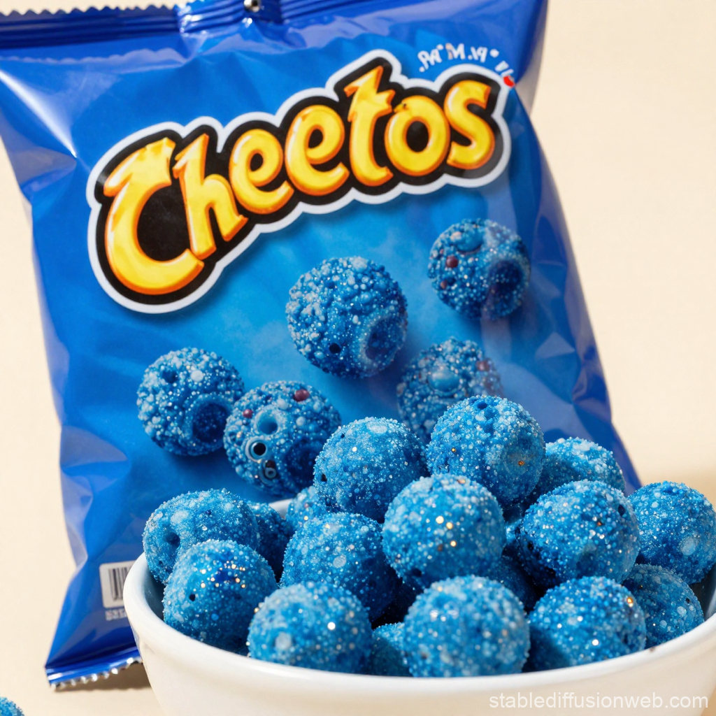 Blue Cheetos Snack Balls in White Bowl with Packaging