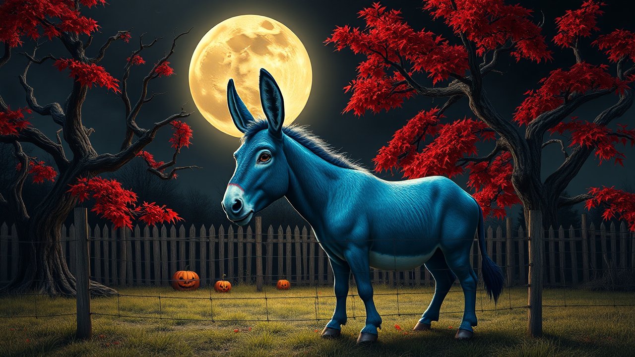 Blue Donkey Under Full Moon with Red Autumn Trees