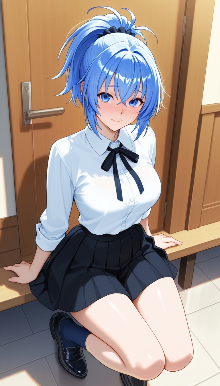 Blue-Haired Anime Girl Sitting on Bench