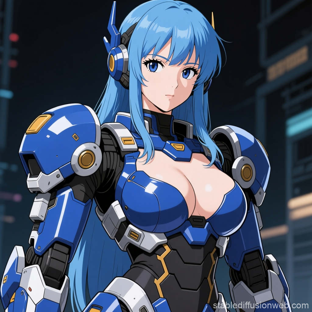 Blue-Haired Female Mecha Warrior in Futuristic Armor