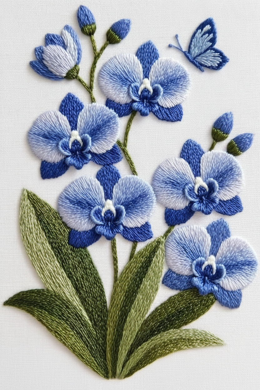 Blue Orchid Embroidery with Butterfly Detail