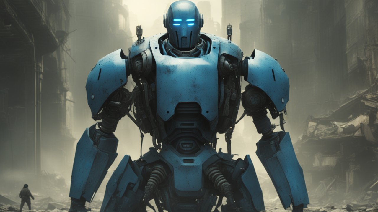 Blue Robot in Post-Apocalyptic Cityscape