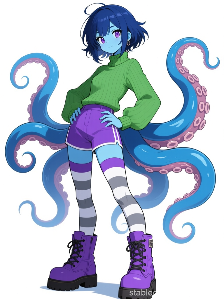 Blue-Skinned Octopus Girl in Casual Outfit