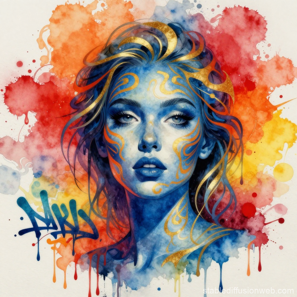 Blue Skinned Woman with Golden Patterns in Watercolor
