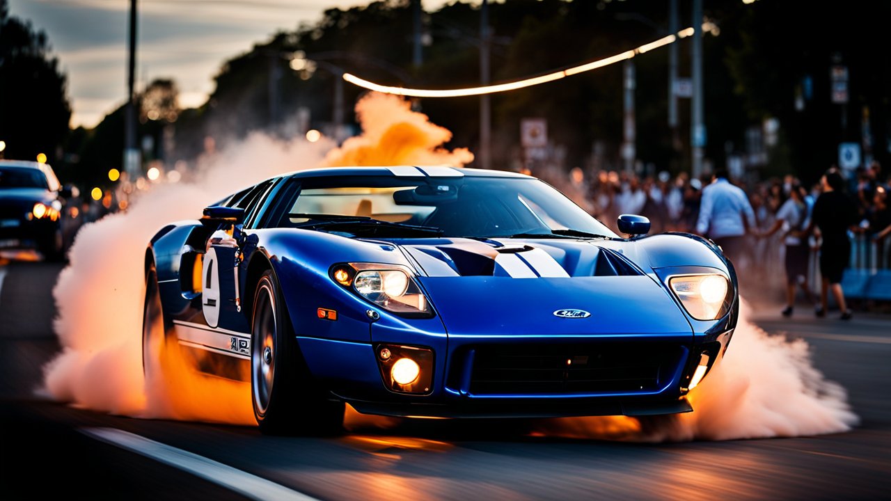Blue Sports Car Performing a Burnout on City Street