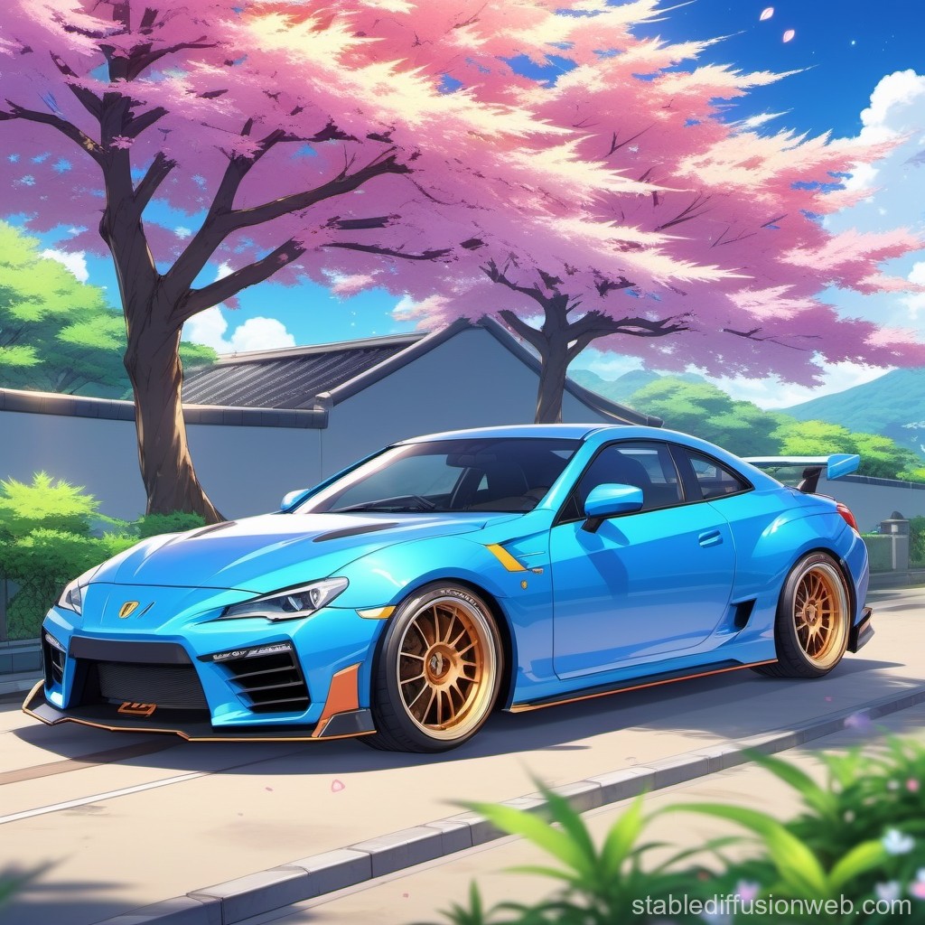 Blue Sports Car Under Cherry Blossom Trees in Anime Style