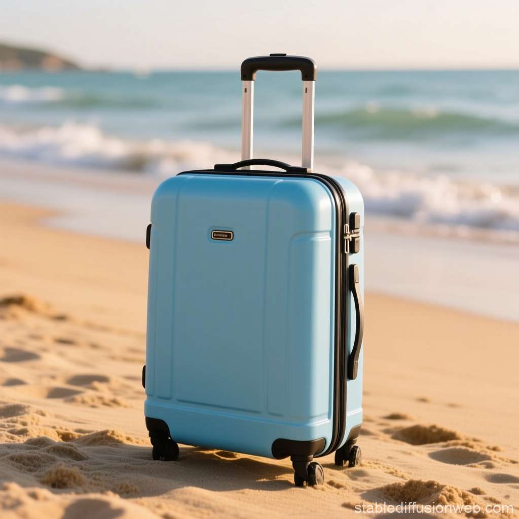 Blue Suitcase on Sandy Beach by the Ocean