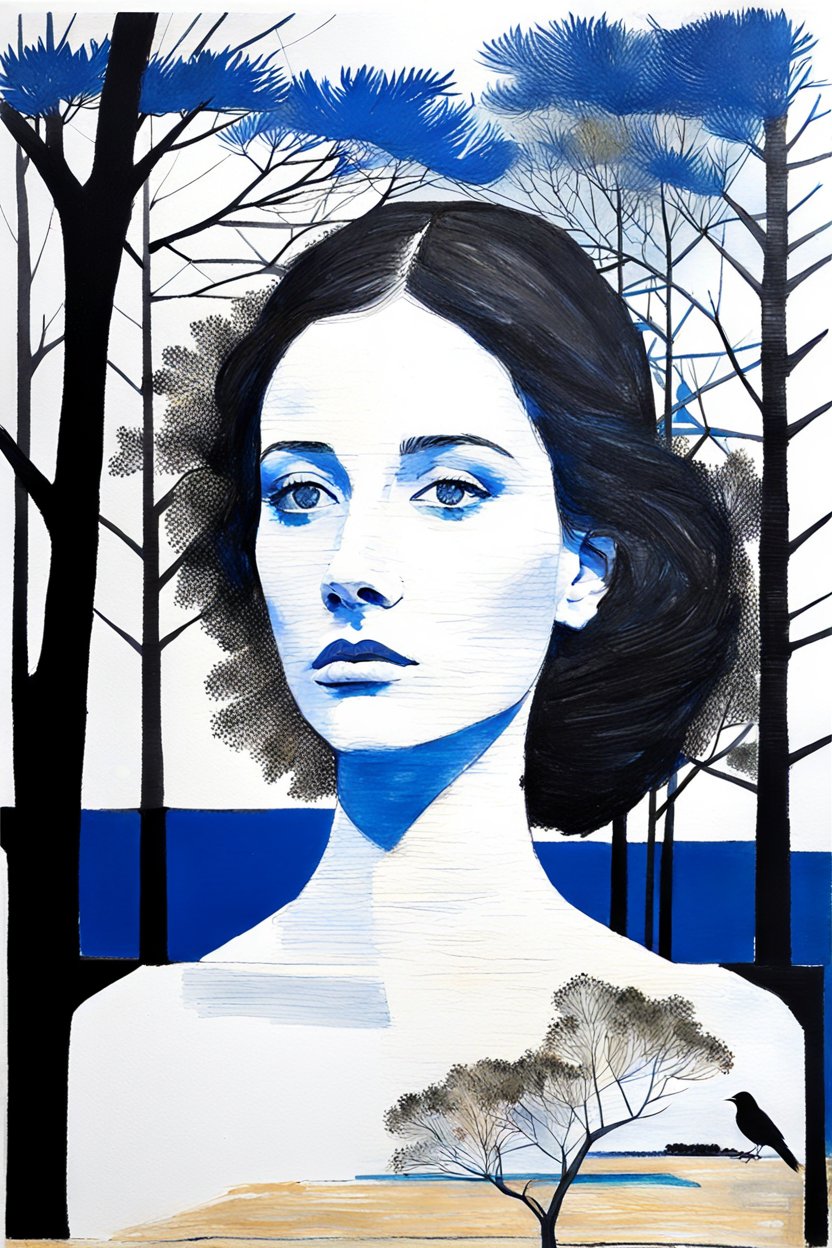 Blue-Toned Portrait of a Woman Amidst Stylized Trees