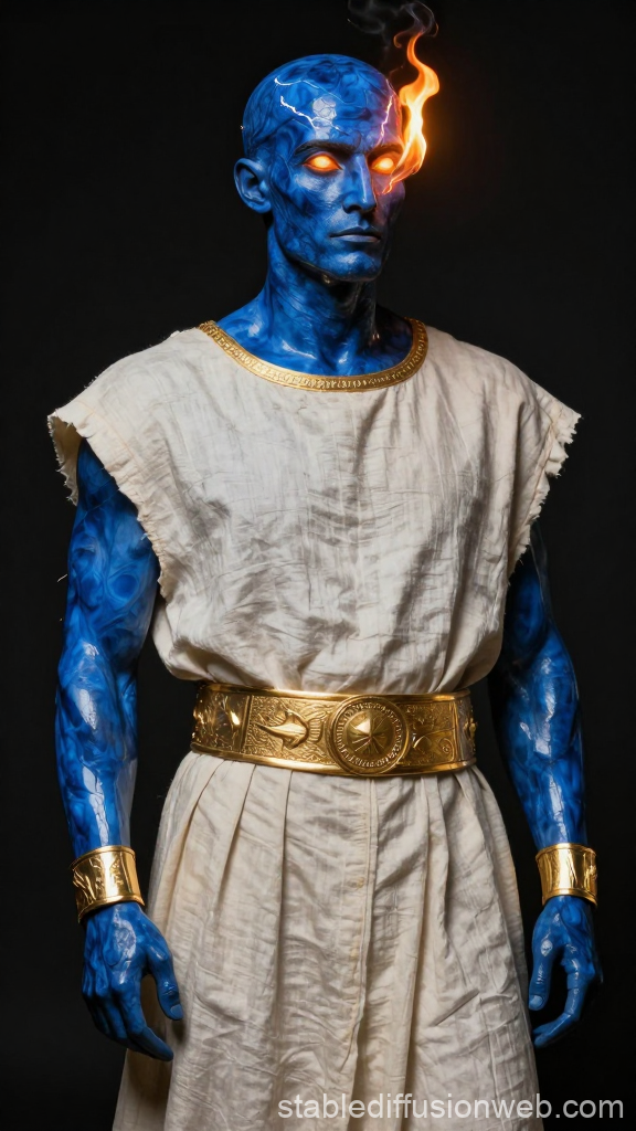 Blue Translucent Man with Fiery Eye in Ancient Robes