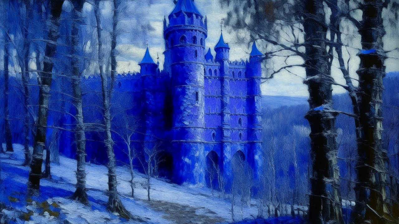 Blue Violet Castle in a Winter Forest