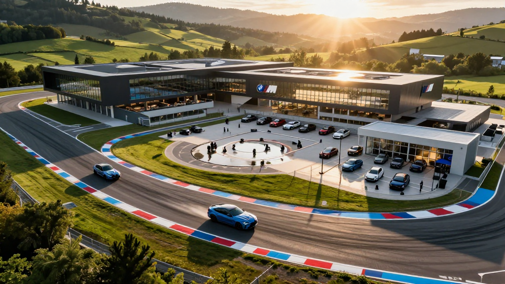 BMW M Performance Center with Cars on Track at Sunset