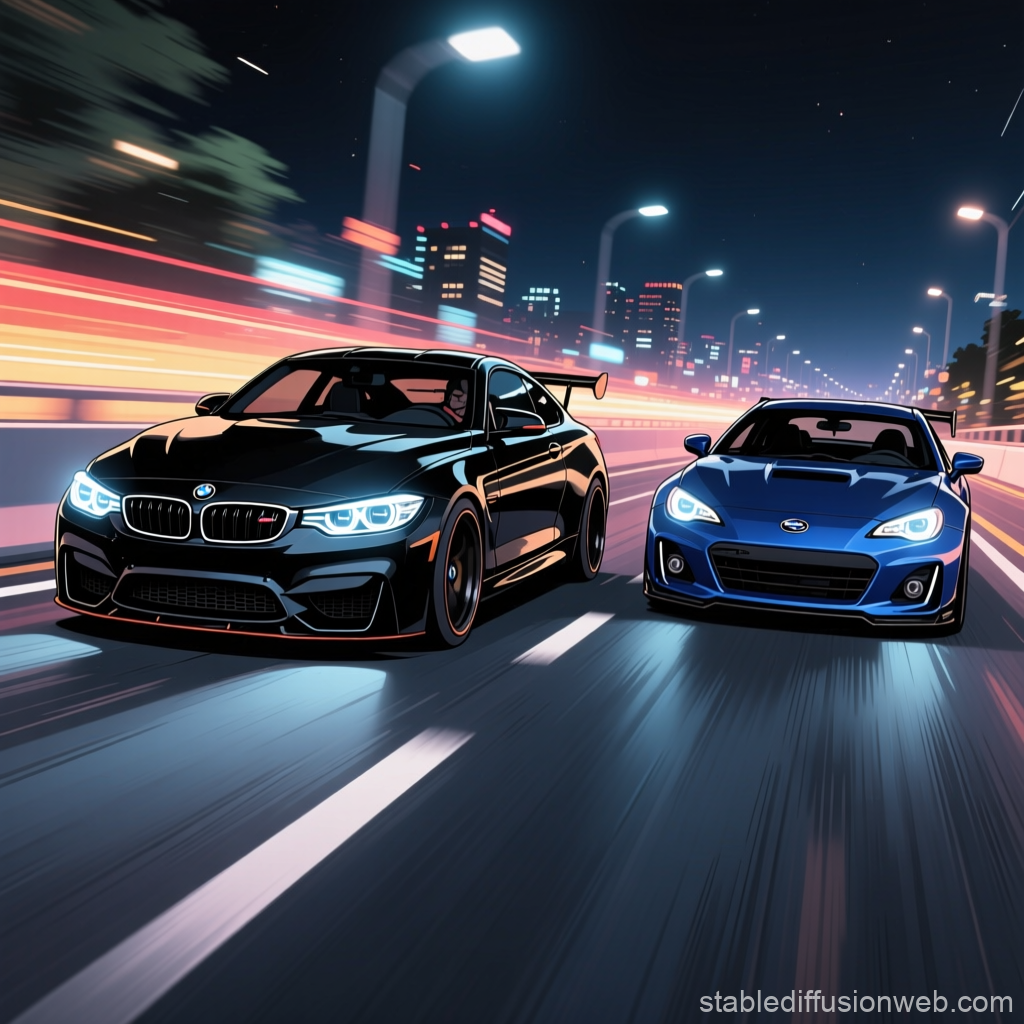 BMW M4 and Subaru Racing on City Night Highway