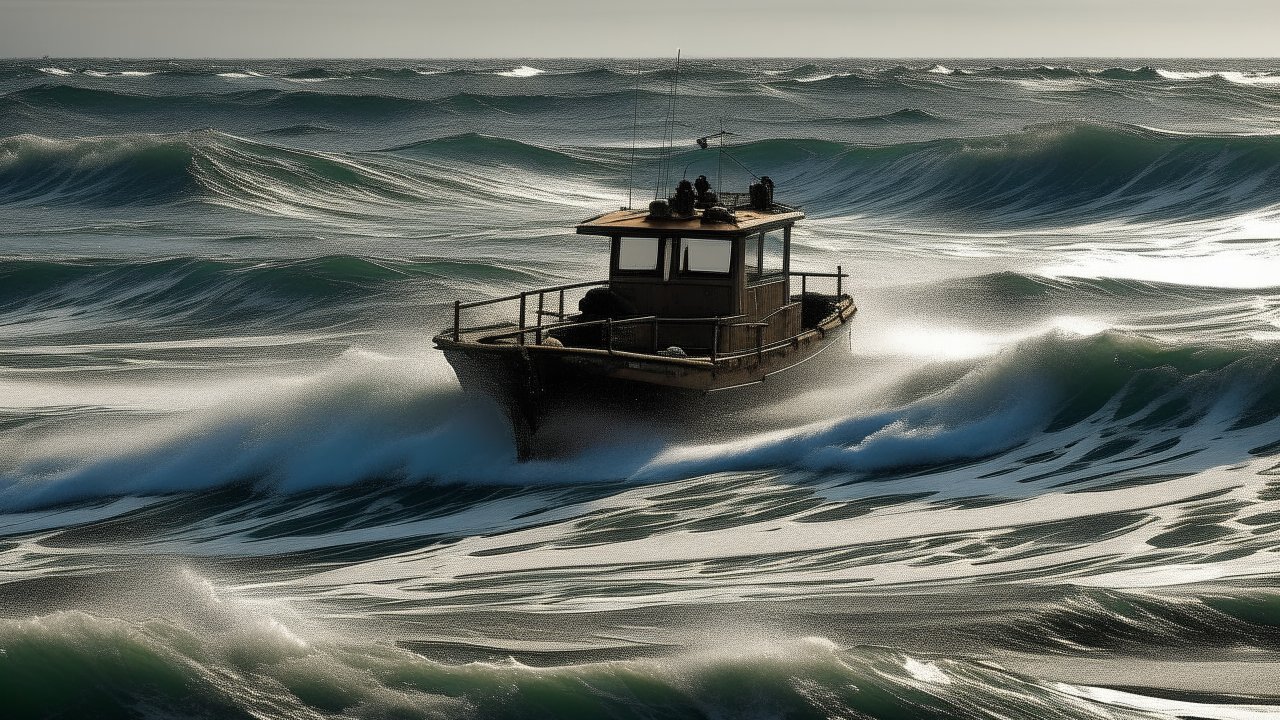 Boat Navigating Rough Ocean Waves at Sunset