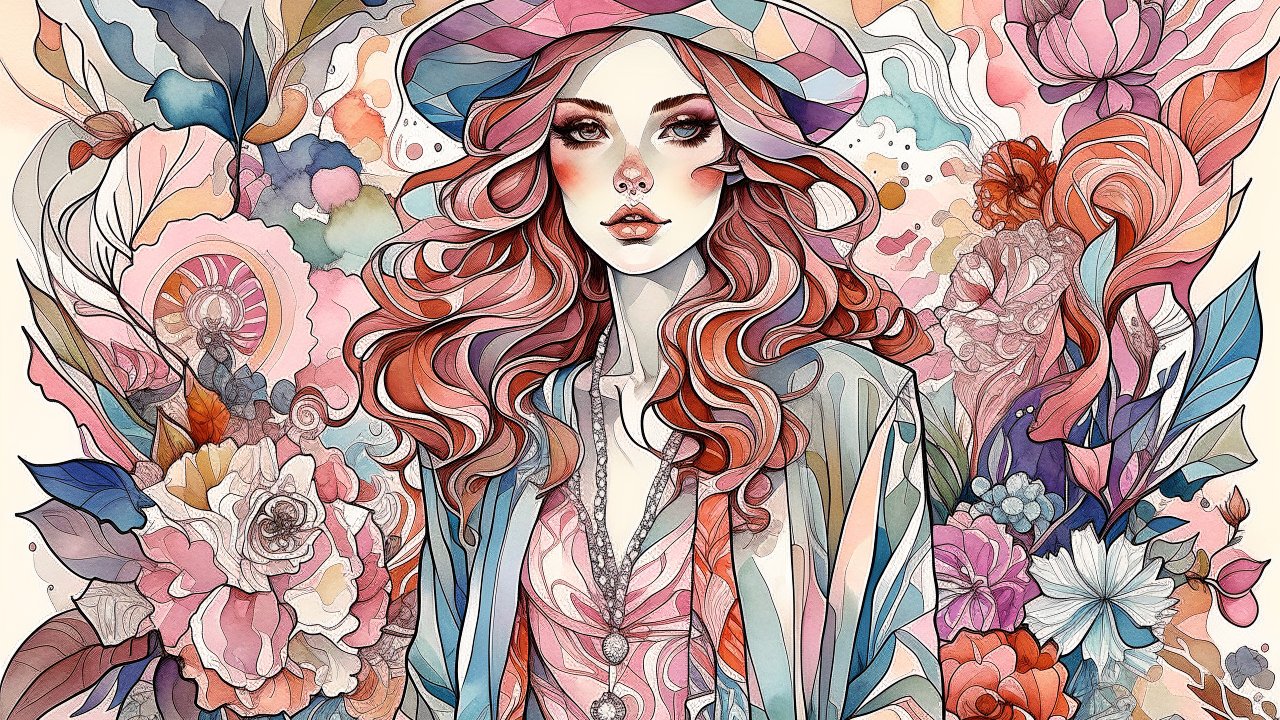 Bohemian Woman Surrounded by Floral Patterns