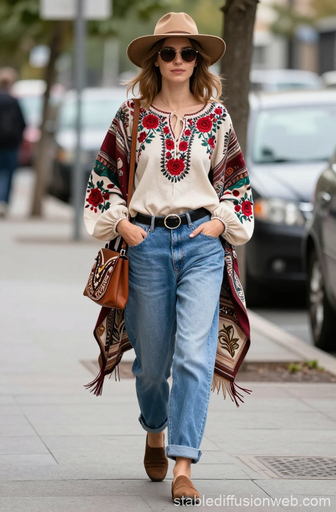 Boho Chic Woman Walking in City Street