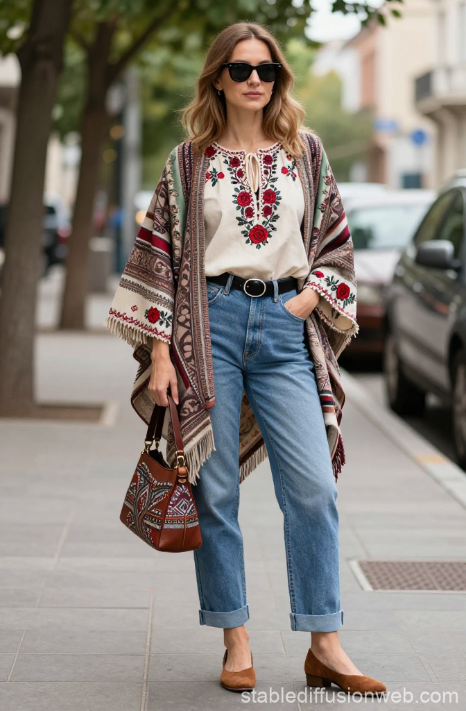 Boho Chic Woman Wearing Embroidered Top and Patterned Shawl
