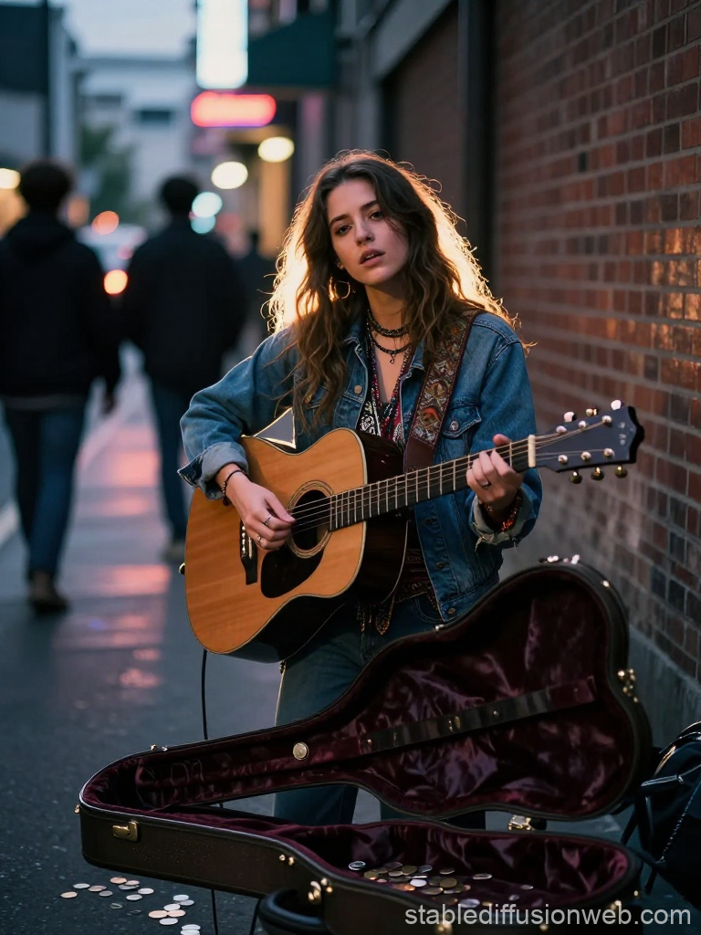 Boho Street Musician Playing Guitar at Dusk