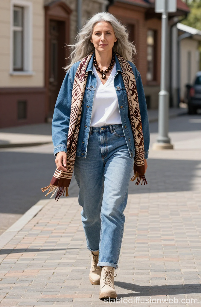Boho Woman Walking on Cobblestone Street