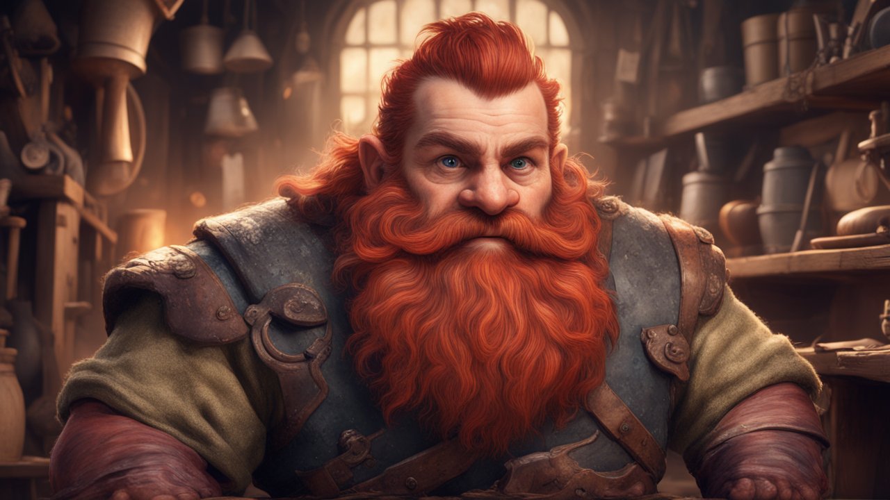 Bold Red-Bearded Dwarf in Rustic Workshop
