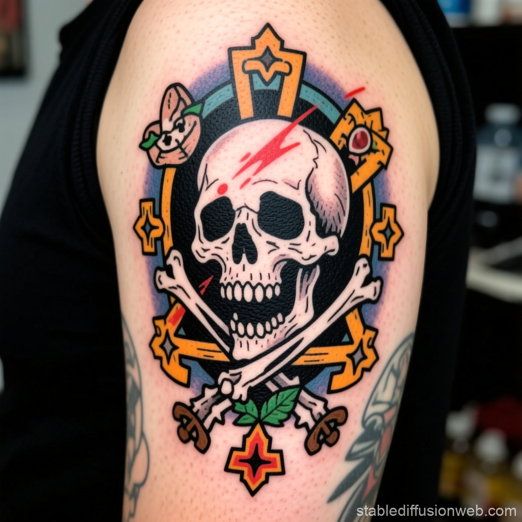 Bold Skull and Crossbones Tattoo with Decorative Elements