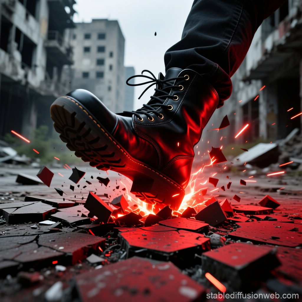 Boot Smashing Ground with Fiery Impact in Urban Ruins